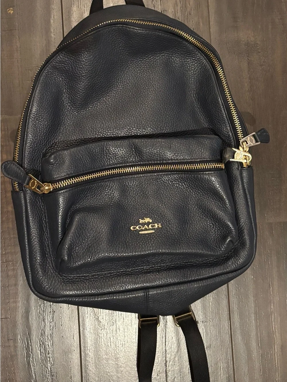 Coach Navy Blue Pebbled Leather Backpack with Gold Hardware